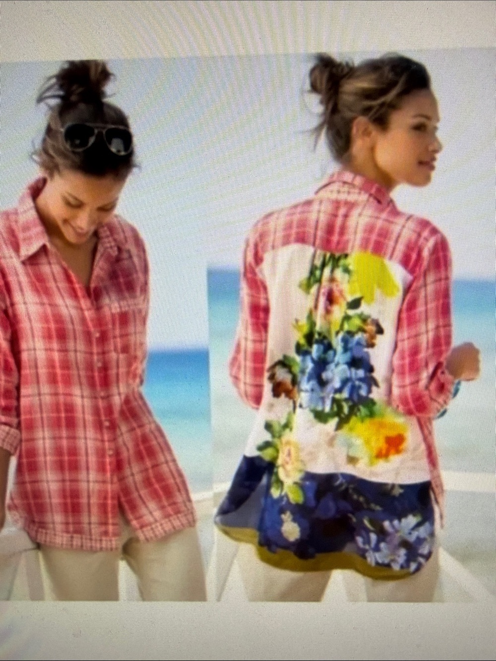 Soft Surroundings Mixed Media Kaolinn Pink Plaid Button Down Floral Silk Shirt L
